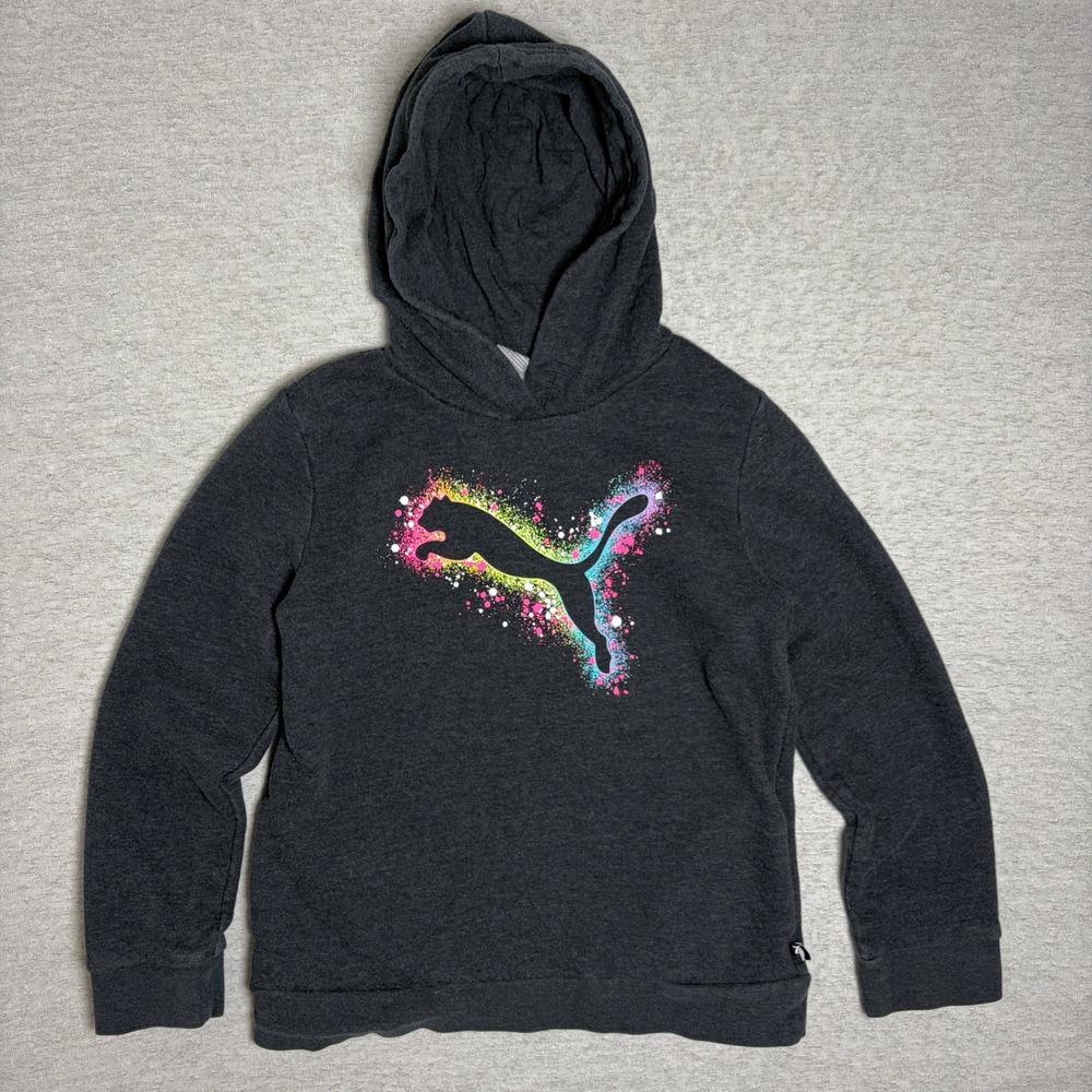 Puma Girls Hoodie Medium 10-12 Gray Rainbow Paint Splatter Logo Sweatshirt